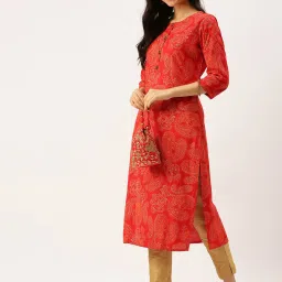 showoffff SHOWOFF Red Cotton Ethnic Motifs Calf Length Straight Kurta image 4