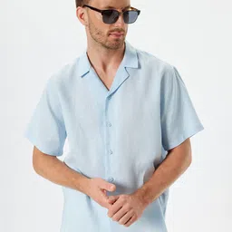 Koton Men Cuban Collar Solid Linen Casual Shirt-picture-10