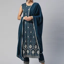 heemara Women Teal Thread Work Kurta with Trousers & With Dupatta-picture-12
