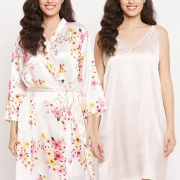 Clovia Beige Printed Night Dress With Robe image 1