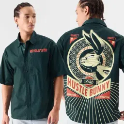 The Souled Store Looney Tunes: Rebel Rabbit Bottle Green Loose Fit Graphic Print Shirt-picture-41