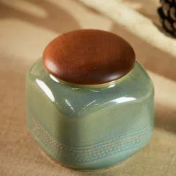 Fabindia Home 'Swayam' Green & Brown Ceramic 10.5 cm Jar With Lid (0.5 L)  - Set of 1 image 1