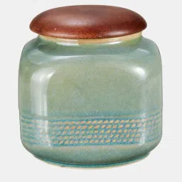 Fabindia Home 'Swayam' Green & Brown Ceramic 10.5 cm Jar With Lid (0.5 L)  - Set of 1 image 2