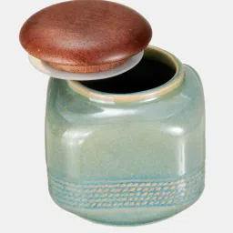 Fabindia Home 'Swayam' Green & Brown Ceramic 10.5 cm Jar With Lid (0.5 L)  - Set of 1 image 3