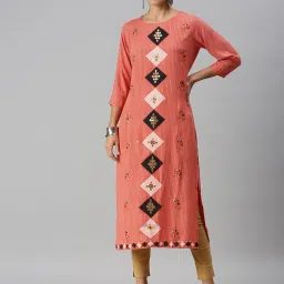 showoffff SHOWOFF Peach Cotton Printed Calf Length Straight Kurta image 1