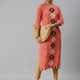showoffff SHOWOFF Peach Cotton Printed Calf Length Straight Kurta image 4