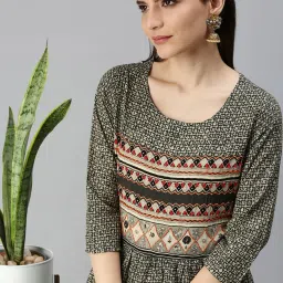 showoffff SHOWOFF Olive Cotton Printed Ankle Length Anarkali Kurta image 5