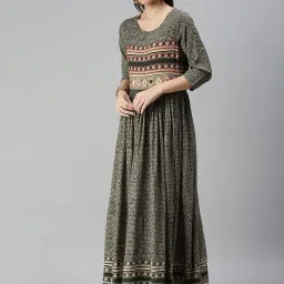 showoffff SHOWOFF Olive Cotton Printed Ankle Length Anarkali Kurta image 3