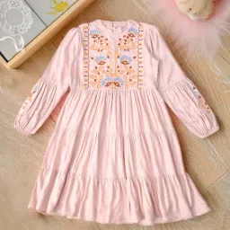 Bella Moda Girls Peach Cotton Three Fourth Sleeves Floral Embroidered Knee Lenght Dress-picture-13