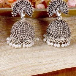 Teejh Ethnic Kalapi White Silver Oxidized Pearl Jhumki Earrings-picture-6