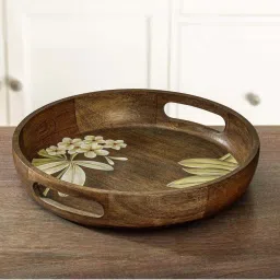 ellementry Frangipani Brown Mango Wood Round Serving Tray - Set of 1 image 3