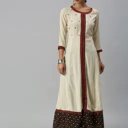 showoffff SHOWOFF Beige Cotton Embroidered Ankle Length A Line Kurta image 1