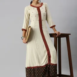 showoffff SHOWOFF Beige Cotton Embroidered Ankle Length A Line Kurta image 4