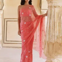Geroo Jaipur Rose Pink Hand Embroidered Sequins-tube Jaal Chiffon Saree image 5