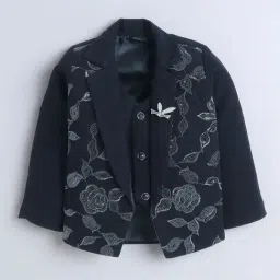 Fourfolds Boys Navy Blue Regular Fit Embroidered Suit Set image 3