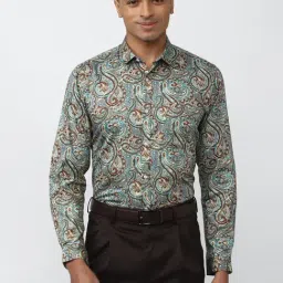 Peter England Green Cotton Slim Fit Printed Shirt-image-95