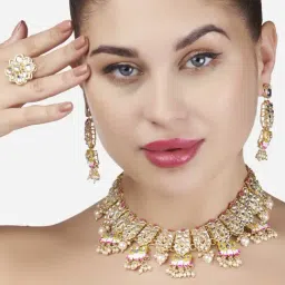 Zaveri Pearls Yellow & Pink Meenakari Lotus Drop Kundan Choker Necklace Earring & Ring Set-ZPFK13197-image-10