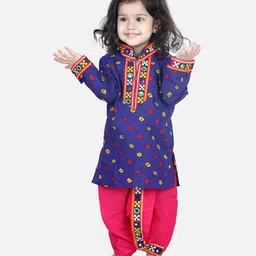 BownBee Full Sleeves Embroidered Placket & Trim Detailing Bandhani Kurta & Dhoti Set - Blue-image-60