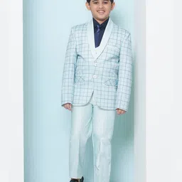 AJ Dezines Full Sleeves Solid Shirt With Coordinating Striped Waistcoat & Pant With Blazer & Tie - Sky Blue-picture-25