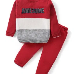 Babyhug Knitted Full Sleeves Pullover Sweater Set with Text Embroidery - Red & Grey-picture-12