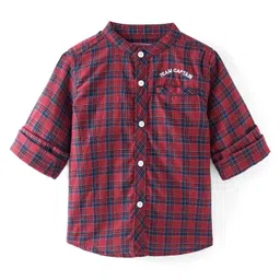 Babyhug Cotton Woven Full Sleeves Mandarin Collared Checks Shirt - Red-image-94
