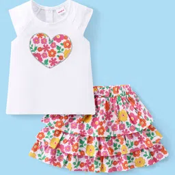 Babyhug Cotton Knit Cap Sleeves Top & Layered Skirt With Floral Print - White-image-42