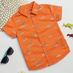Milou Cotton Half Sleeves Beach Theme Printed Bio Washed Shirt - Orange-picture-14