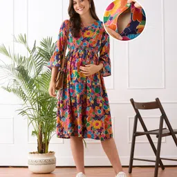 Bella Mama Woven Three Fourth Sleeves Maternity Dress With Floral Print - Navy Blue-picture-14