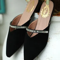 Shoetopia Colour Blocked Stones Embellished Slip On Mules - Black-picture-17