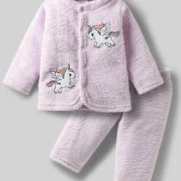 Babyhug Velour Knit Full Sleeves Winterwear Night Suit with Unicorn Applique - Lavender-picture-17