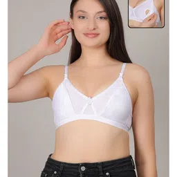 Fabme Cotton Knit Floral Applique Detailed Non Padded Seamless Maternity Bra With Side Open Nursing Access - White-image-82