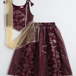 The Magic Wand Woven Sleeveless Floral Foil Printed Choli Lehenga With Dupatta Set - Wine-picture-13