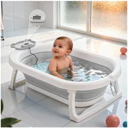 Baybee Tubby Bath Tub for Baby 0-5 Years, Foldable Baby Bathtub for Kids with Anti Skid Base & Drainer, Space Saving Design, Newborn Baby Bathing Tub for Girls & Boys with Temperature Meter (Grey)-image-3