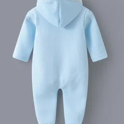 Kookie Kids Full Sleeves Front Open Hooded Footed Romper with Alphabet Bear & Heart Embroidery - Light Blue image 2