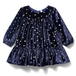 Babyhug Velour Woven Full Sleeves Party Dress With Foil Star Print - Navy Blue image 2