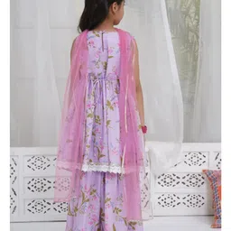 Little Bansi Muslin Woven Sleeveless Garden Tulip Printed With Lace Embellished Kurti Sharara & Dupatta - Lavender image 3