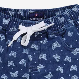 Kiddopanti Denim Woven Butterfly & Polka Dots Printed Roll Up Shorts - Medium Blue image 4