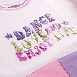 Pine Kids Cotton Knit Full Drop Shoulder Sleeves Sweatshirt with Sequin Text Embroidery & Kangaroo Pockets - White Pink & Purple image 4