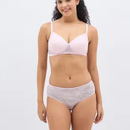 Clovia Pink Lace Floral Bra Panty Set image 1