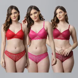 AROUSY Red & Pink Cotton Self Pattern Bra Panty Set - Pack Of 3 image 1