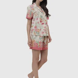 Fabindia Beige & Pink Cotton Floral Print Shirt Shorts Set image 4