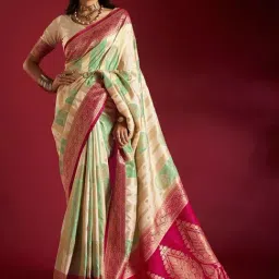 Elora Cream & Green Silk Woven Saree With Unstitched Blouse-image-18