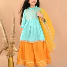 LilPicks Kids Blue & Yellow Embroidered Lehenga, Kurta With Dupatta image 4