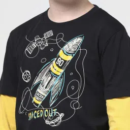 Jack & Jones Junior Boys Jet Black & Yellow Cotton Printed Full Sleeves T-Shirt image 4