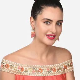 Zaveri Pearls Pink & Peach Cluster Crystal Beaded Kundan Drop Earring-ZPFK14766 image 4