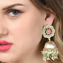 Zaveri Pearls Green & Pink Meenakari Kundan & Cluster Beads Jhumki Earring-ZPFK14715 image 4