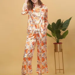 Sweet Dreams Beige & Orange Printed Shirt Pyjama Set image 1