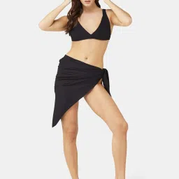 Secrets By ZeroKaata Black Plain Swimwear Bra Panty Set With Sarong image 1