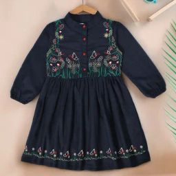 Bella Moda Girls Dark Blue Cotton Three Fourth Sleeves Floral Embroidered Dress-picture-19