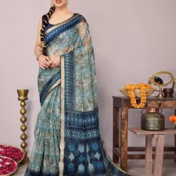 MIRCHI FASHION Off White Floral Saree with Blouse Piece image 1